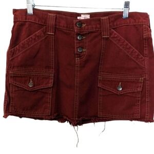 Joie Cargo Style Dark Red Pocketed Denim Feel Mini Skirt Raw Hem Size 10
